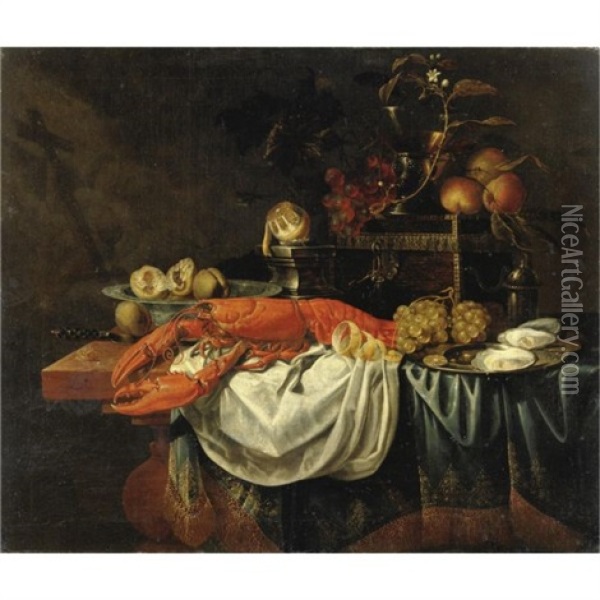 Natura Morta Con Frutta, Aragosta, Ostriche Ed Altri Oggetti Su Un Tavolo Oil Painting - Christiaan Luycks