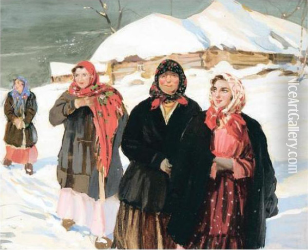 Walking In The Snow Oil Painting - Constantin Alexandr. Westchiloff