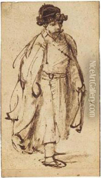 A Man In Fur Hat, Walking To The Right Oil Painting - Rembrandt Van Rijn
