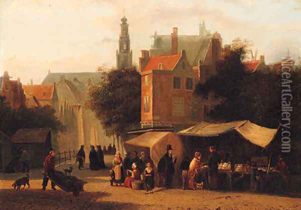 Market Day in a Dutch Town Oil Painting - Johannes Hermanus Koekkoek