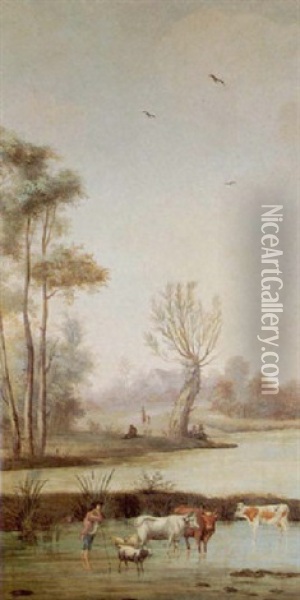 Dutch Farmer With Livestock Along The Waterways Oil Painting - Anthony Andriessen