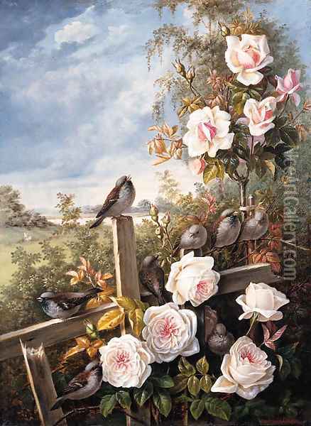 Roses with Sparrows pearched on a Fence in a Landscape Oil Painting - German School