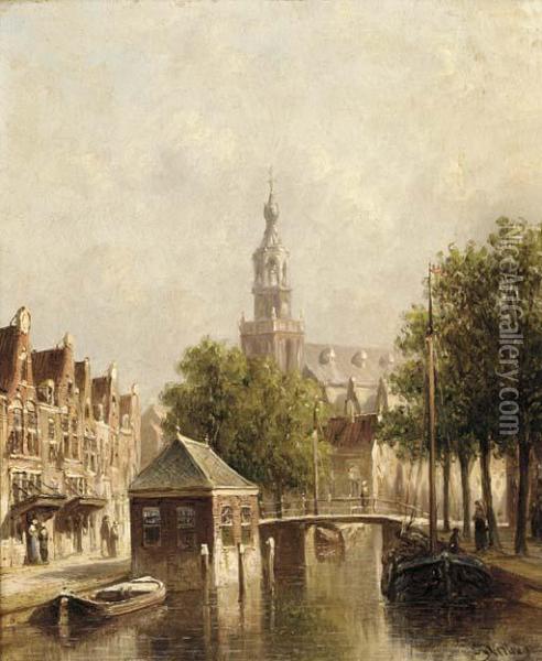 Barges On A Canal With A Church Beyond Oil Painting - Pieter Gerard Vertin