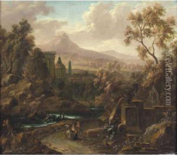 A Classical River Landscape With Two Travellers Resting With Their Dog Beside Ruins Oil Painting - Johan Christoph Turner