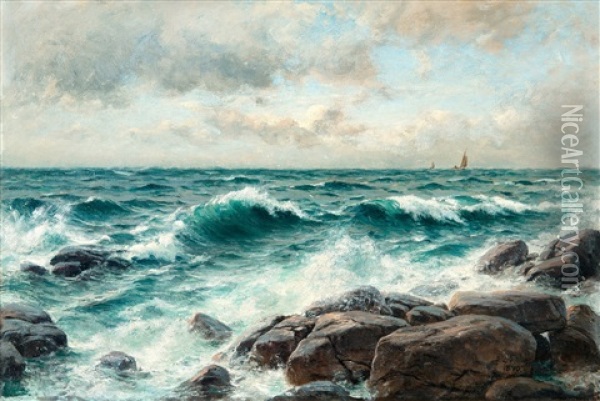 Surges By The Shore Oil Painting - Berndt Adolf Lindholm