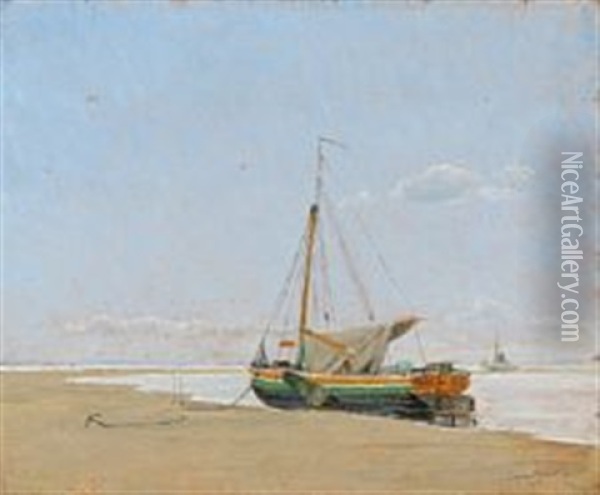 A Sailing Ship At The Shore On Fano, Denmark Oil Painting - Johan Rohde