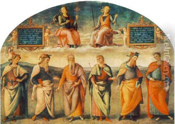 Prudence and Justice with Six Antique Wisemen Oil Painting - Pietro Vannucci Perugino