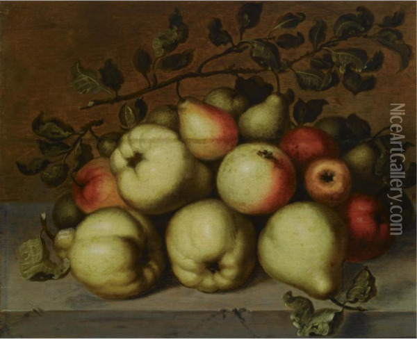 A Still Life With Pears And Apples On A Stone Ledge Oil Painting - Jan, Johannes Baumann