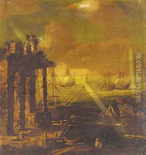 A Mediterrannean harbour with men-'o-war and other shipping Oil Painting - North-Italian School