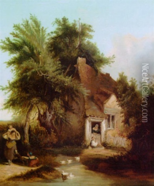 Figures Before A Cottage In A Wooded Landscape Oil Painting - Henry John Boddington