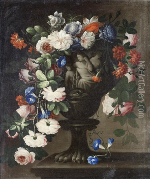 Tulips, Peonies, Jasmine And Other Flowers In A Classical Carved Stone Urn, Before An Open Landscape (+ Roses, Carnations, Convulvulus And Other Flowers In A Classical Carved Stone Urn, On A Table; Pair) Oil Painting - Francesco Della Questa