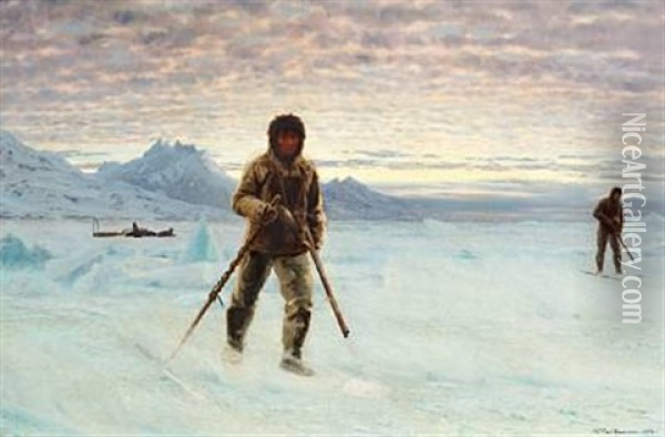 Two Inuits Hunting, Greenland Oil Painting - Carl (Jens Erik C.) Rasmussen