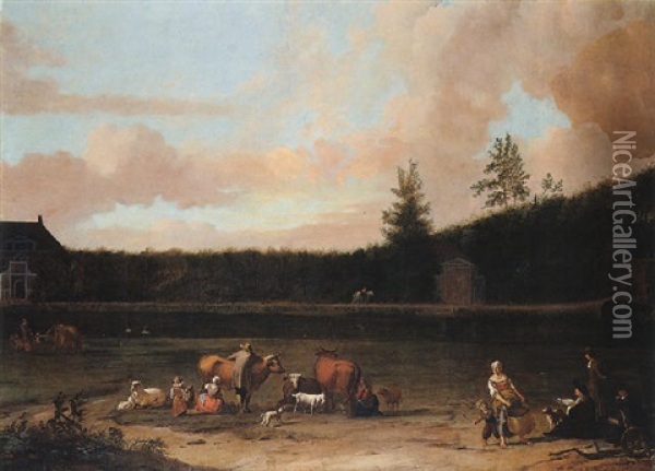 A River Landscape With The Artist In The Foreground Sketching A House Oil Painting - Ludolf Backhuysen the Elder