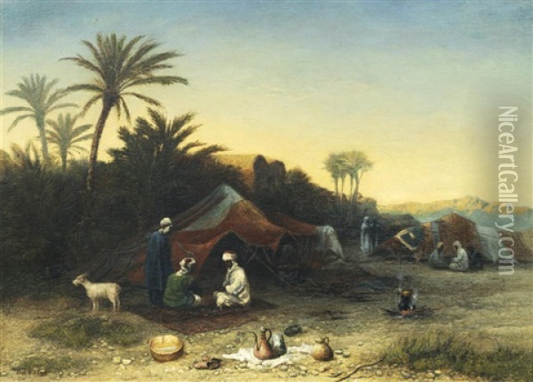 Sundown. Arab Card Players, Southern Tunisia Oil Painting - Paul H. Ellis