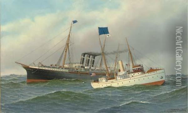 The Steam Ship New York Taking Her Pilot Boat New York Oil Painting - Antonio Nicolo Gasparo Jacobsen