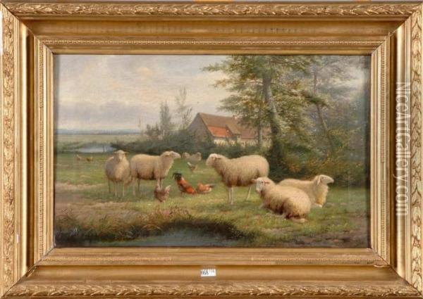 Moutons,coq Et Poules Au Pre Oil Painting - Jef Louis Van Leemputten