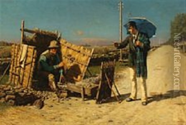 A Student And A Rock Crusher In Conversation Oil Painting - Niels Frederik Schiottz-Jensen