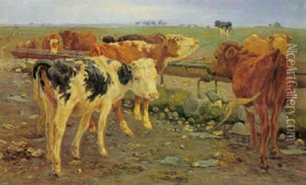 Kalve Ved Gammelgards Brond Oil Painting - Theodor Philipsen