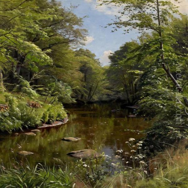 Summerlandscape With Astream Oil Painting - Peder Mork Monsted