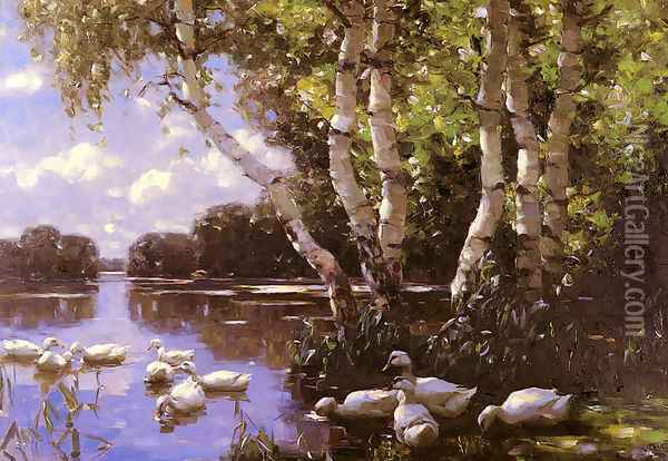 Elf Enten Unter Birken Und Im Wasser (Eleven Ducks) Oil Painting - Alexander Max Koester