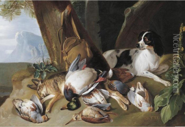 Hunting Still Life With Game Birds And Zette, The Hound Oil Painting - Claude Francois Desportes