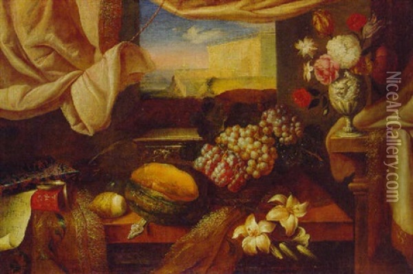 A Basket Of Grapes, A Melon, Lilies, A Lemon, Books, A Casket, An Inkwell And A Sheet Of Music With Flowers Oil Painting - Giuseppe Recco