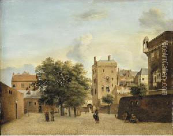 A View Of A Small Town Square With Figures Promenading Oil Painting - Jan Van Der Heyden