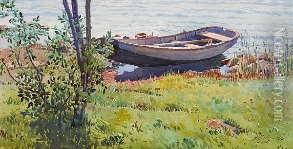 A Boat Along The Riverside Oil Painting - Gunnar M. Widforss