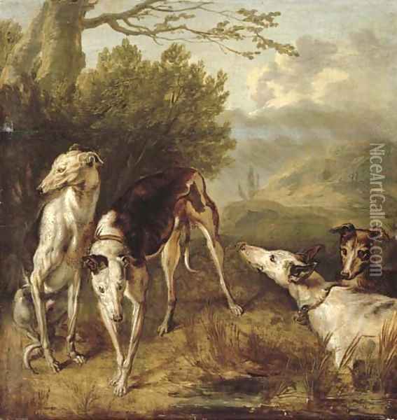 Four greyhounds in a wooded landscape Oil Painting - Flemish School