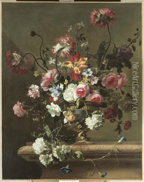 Vase De Fleurs Sur Un Entablement De Marbre Oil Painting - Nicolas Ricoeur