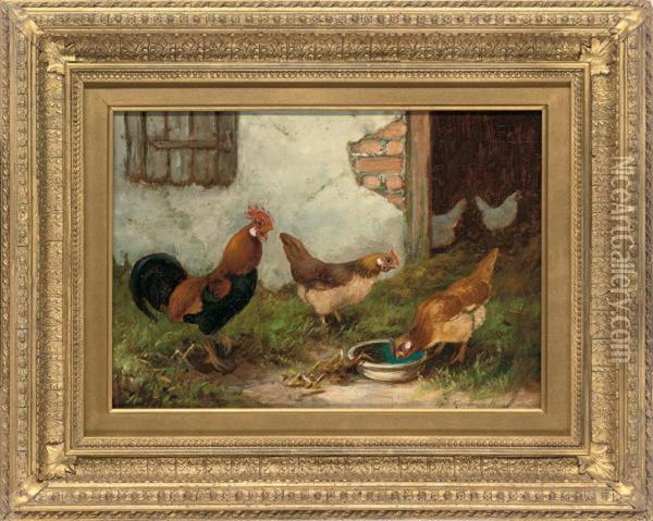 Feeding Time; And Chickens In The Yard Oil Painting - E.S. England