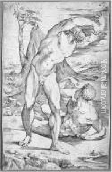 Two Male Nudes In A Landscape (passavant Vi, 150; Le Blanc 7; Sanminiatelli 4) Oil Painting - Domenico Beccafumi