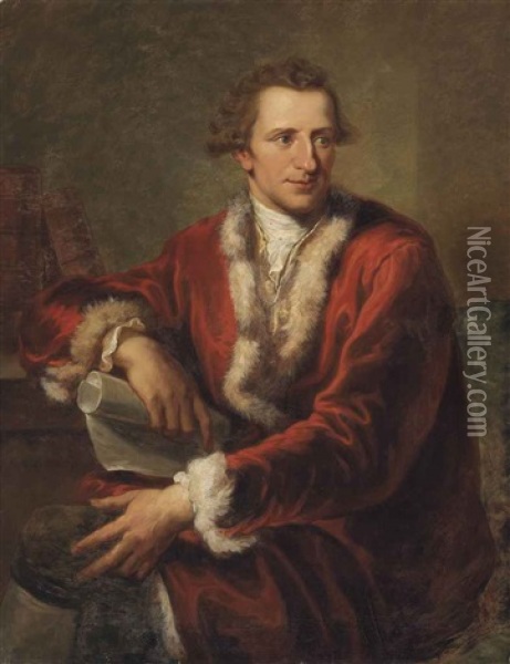 Portrait Of Sir William Fordyce, F.r.s. (1724-1792), Three-quarter-length, In A Red, Fur-lined Coat And Cravat, Holding A Scroll, In An Interior Oil Painting - Angelika Kauffmann