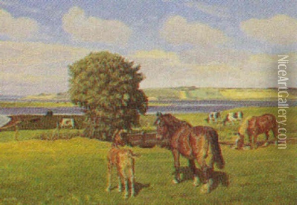 Heste Og Koer Pa Marken, I Baggrunden Fjord Oil Painting - Rasmus Christiansen