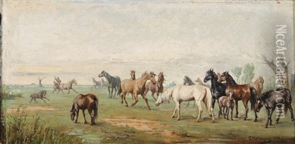 Herd Of Horses With Herdsman Oil Painting - Josef Mathauser