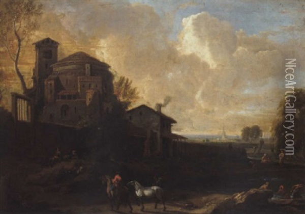 An Italianate Landscape With Bathers Before A Village And Horsemen On A Track Oil Painting - Anton Faistenberger
