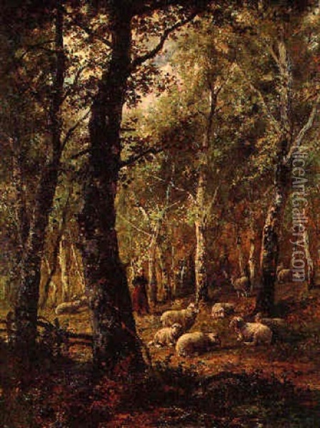 Shepherdess And Flock In The Woods Oil Painting - Cornelis van Leemputten