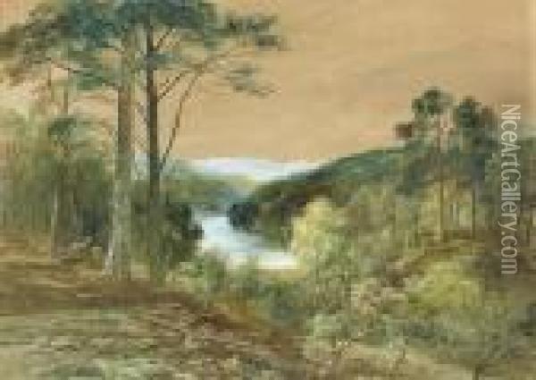 Deer In A Wooded River Landscape Oil Painting - John MacWhirter