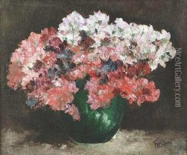 Still Life Of Sweet Peas In A Green Vase Oil Painting - Frans Proost