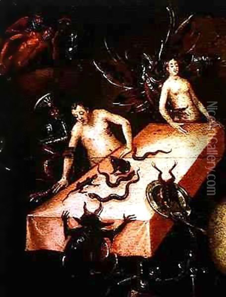 The Inferno, detail of two people around a table with demons Oil Painting - Herri met de Bles