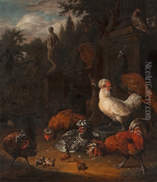 Hens In A Garden Oil Painting - Melchior de Hondecoeter