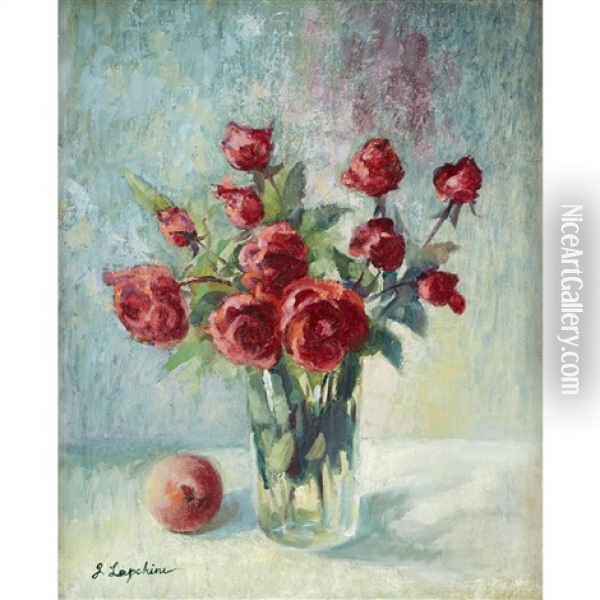 Still Life With Vase Of Roses And Fruit Oil Painting - Georgi Alexandrovich Lapchine