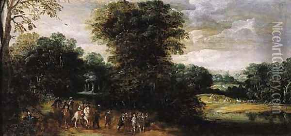 Cavalrymen and infantry escorting a prisoner on a country road Oil Painting - Esaias Van De Velde