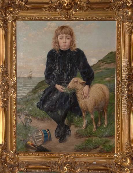 Fillette Et Son Mouton Dans Les Dunes Oil Painting - Jan Baptist Lesaffre