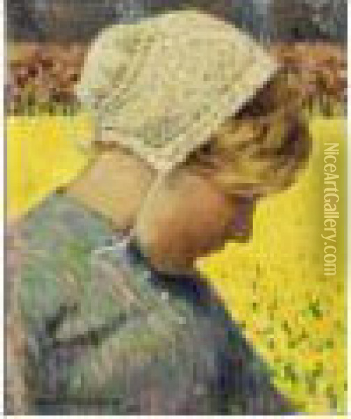 Dutch Girl Before A Daffodil Field Oil Painting - George Hitchcock