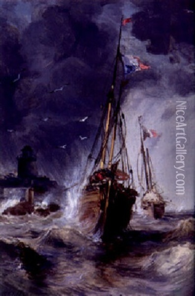 L'entree Au Port Par Grosse Mer Oil Painting - Jules Achille Noel