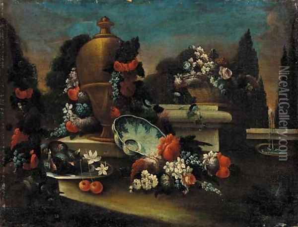 An urn with a garland of flowers, figs, cherries and flowers, in a landscaped park Oil Painting - Gasparo Lopez