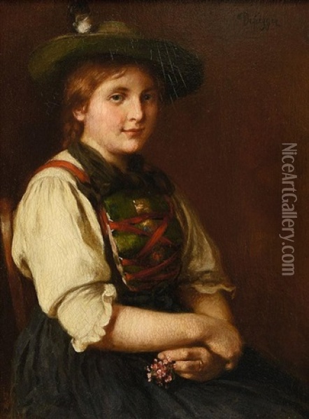 Portrait Eines Sitzenden Dirndls Mit Blumenstrauschen Oil Painting - Franz Von Defregger