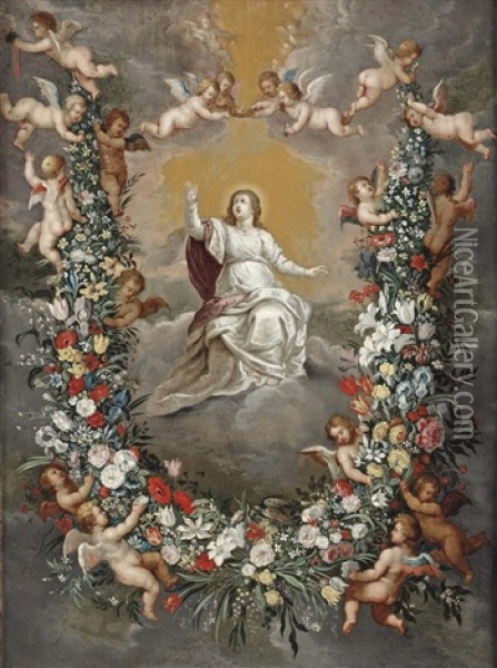 The Crowning Of The Virgin, Surrounded By A Garland Of Flowers Held By Putti Oil Painting - Hendrik van Balen the Elder