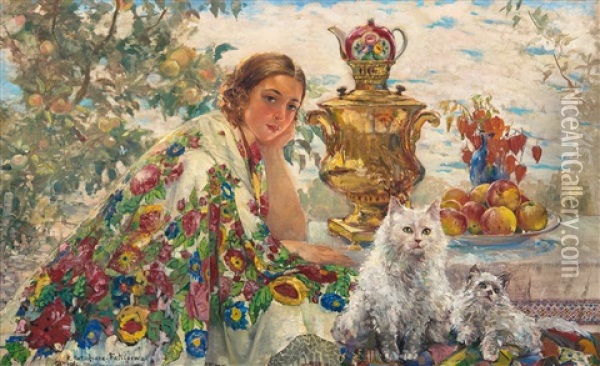 At The Samovar Oil Painting - Ekaterina Kachura-Falileeva